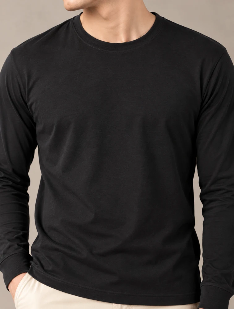 Black Mens Cotton 110 GSM Round Neck Full Sleeve TShirt