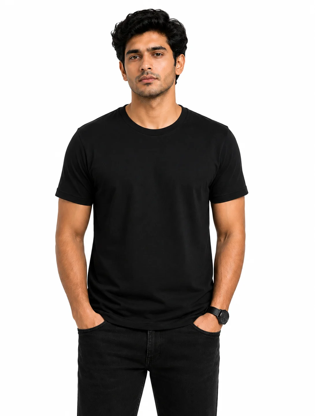 Black Cotton 180 GSM Round Neck Half Sleeve Seamless Tshirt