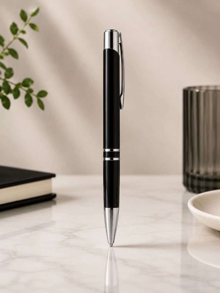 Black Glossy Steel Ball Pen with Silver Clip