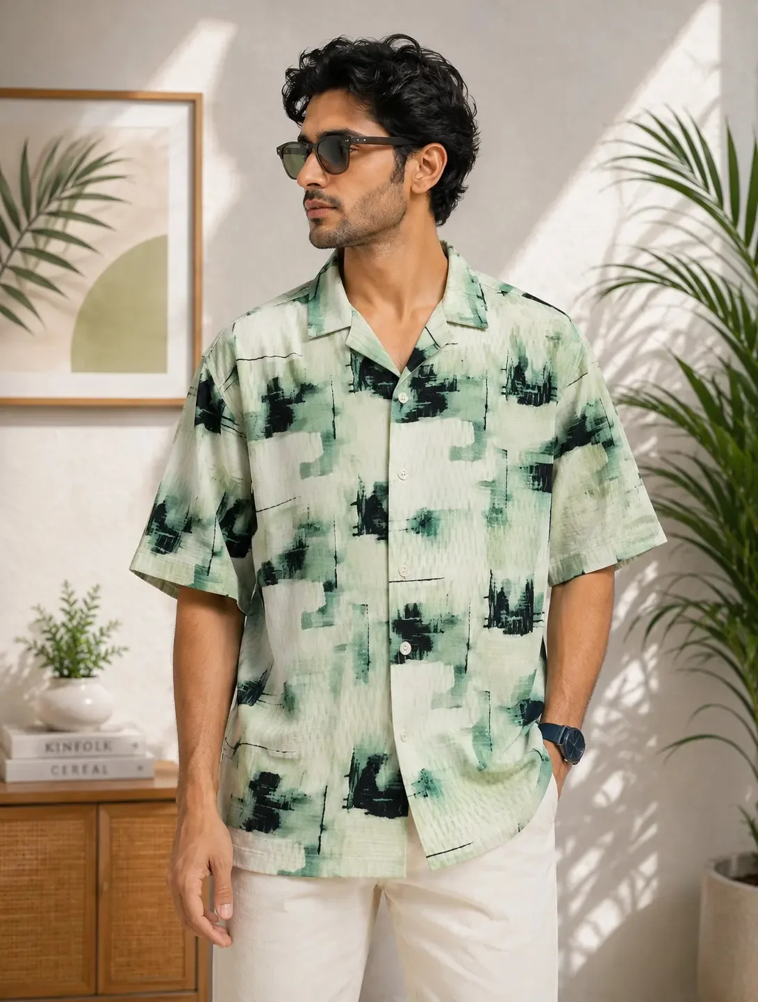 Black Green Mens Oversized Textured Shirt