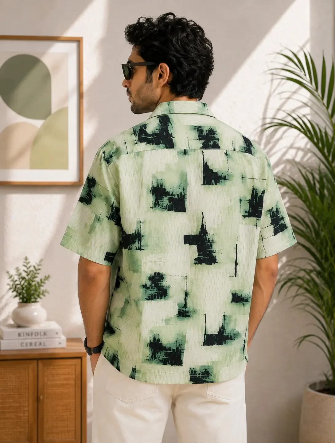 Black Green Mens Oversized Textured Shirt