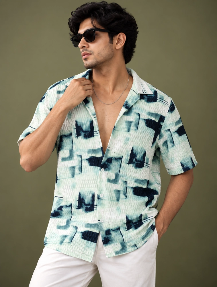 Black Green Mens Oversized Textured Shirt