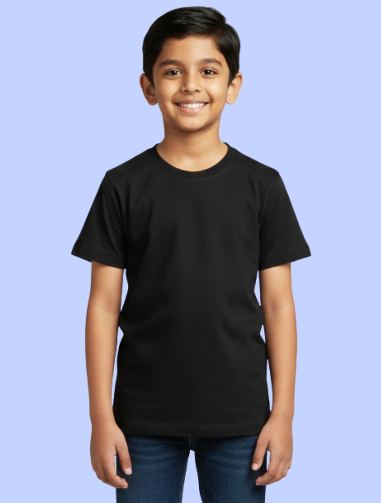 Black Kids Cotton Round Neck 180GSM Half Sleeve Tshirts 