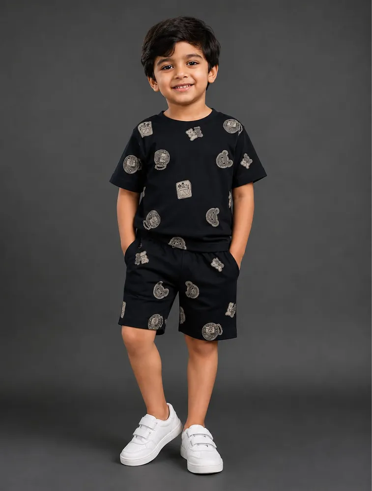 Black Kids Premium Printed T Shirt and Shorts Set