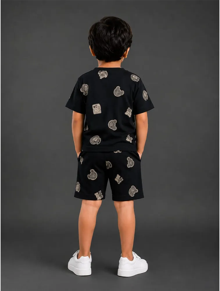 Black Kids Premium Printed T Shirt and Shorts Set