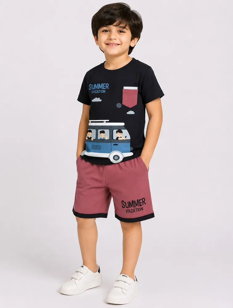 Black Kids Printed T shirt With Shorts Set