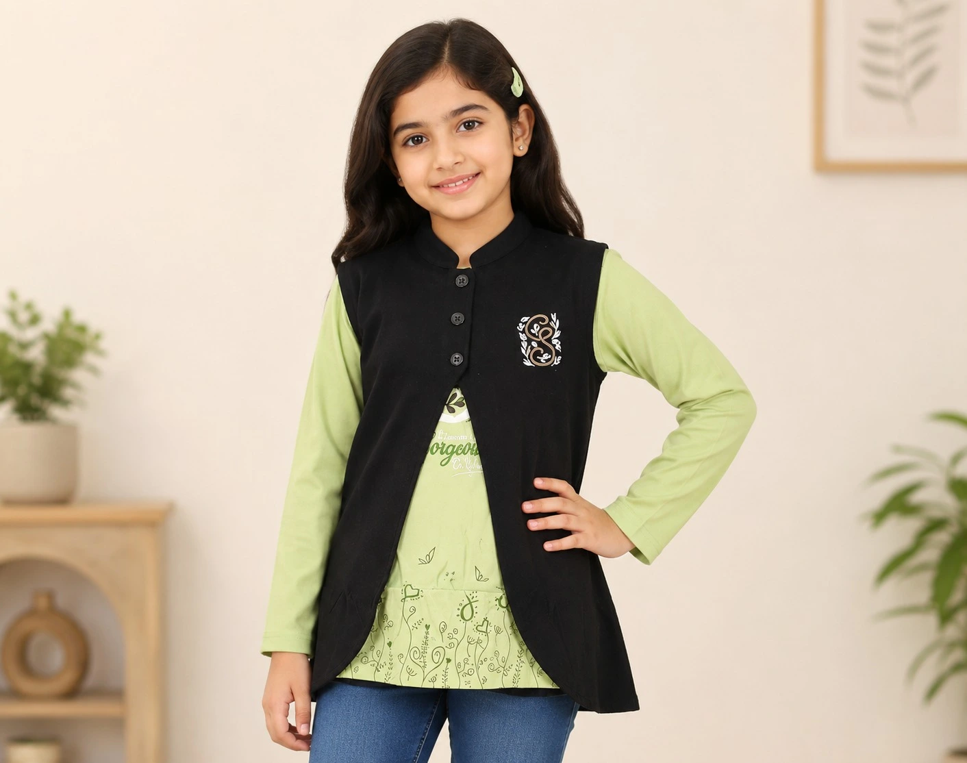 Black Kids Salma Kelsay Collar Embroidery T Shirt  2 Piece Set