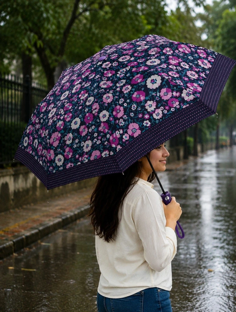 Black Summer Meadow Bloom Floral Compact Umbrella