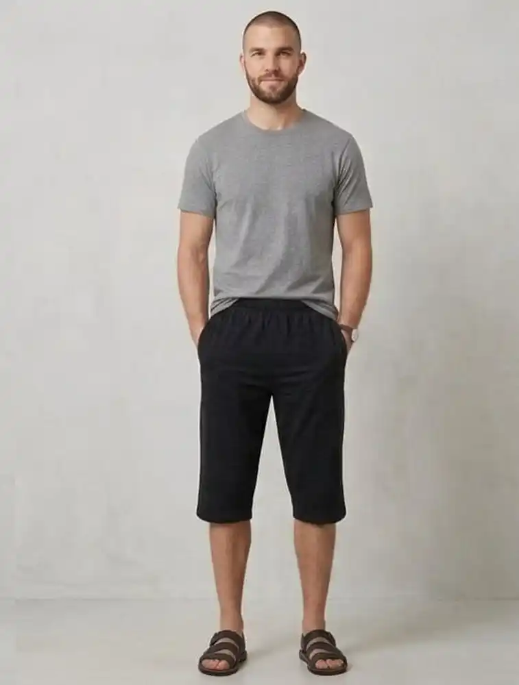 Black Men Cotton 3\4 Shorts With Drawstring 