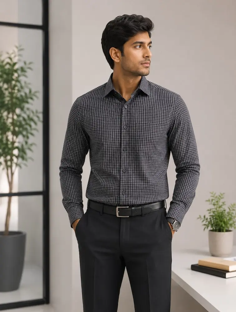  Black Men s Cotton Full Sleeve Check Shirt    