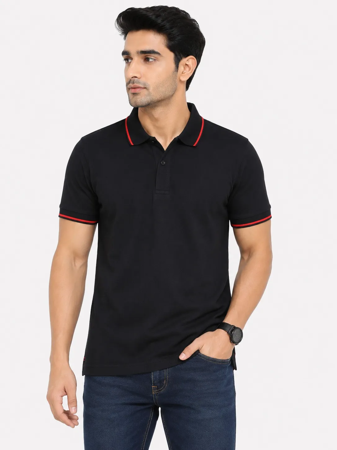 Black Mens Premium Eco Blend 240 GSM Pole T Shirt With Red Jacquard Collor With Contrast Tipping