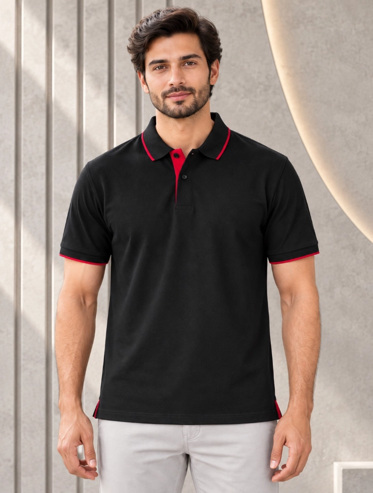 Black Mens Premium Eco Blend 240 GSM Pole T Shirt With Red Jacquard Collor With Contrast Tipping