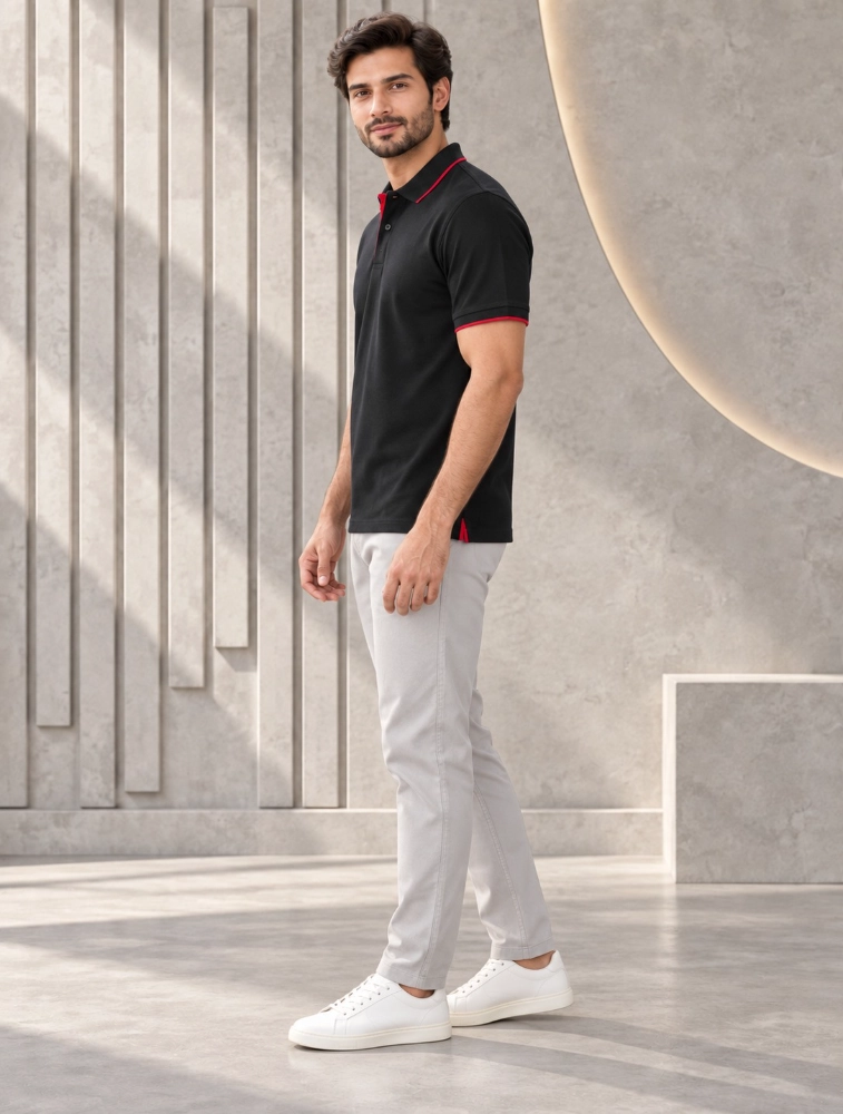 Black Mens Premium Eco Blend 240 GSM Pole T Shirt With Red Jacquard Collor With Contrast Tipping