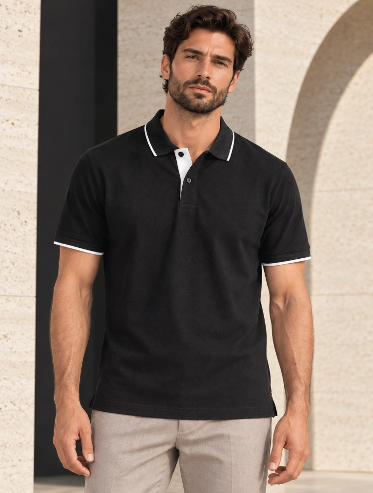 Black Mens Premium Eco Blend 240 GSM Polo T Shirt With White Jacquard Collor With Contrast Tipping