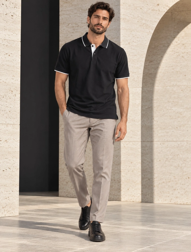 Black Mens Premium Eco Blend 240 GSM Polo T Shirt With White Jacquard Collor With Contrast Tipping