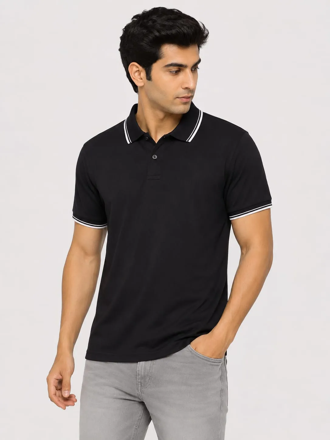 Black Mens Premium Primo Knit 200 GSM Polo TShirt With White Collor And Sleeve Tipping