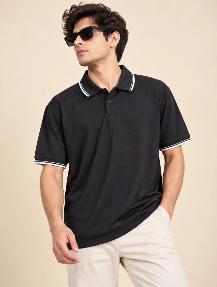 Black Mens Premium Primo Knit 200 GSM Polo TShirt With White Collor And Sleeve Tipping