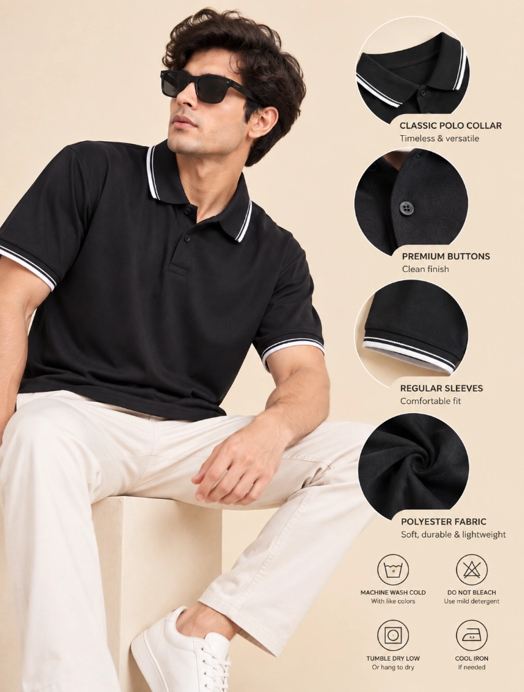 Black Mens Premium Primo Knit 200 GSM Polo TShirt With White Collor And Sleeve Tipping