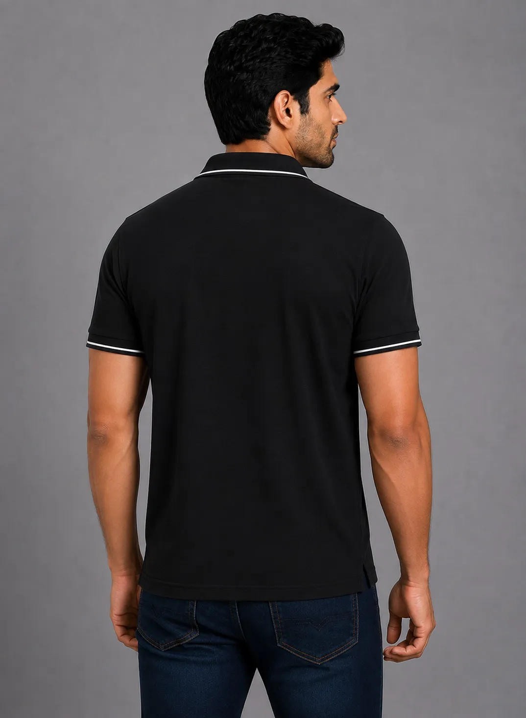Black Mens Premiun Cotton 270 GSM Half Sleeve Polo T Shirt With White Collar And Sleeve Tipping