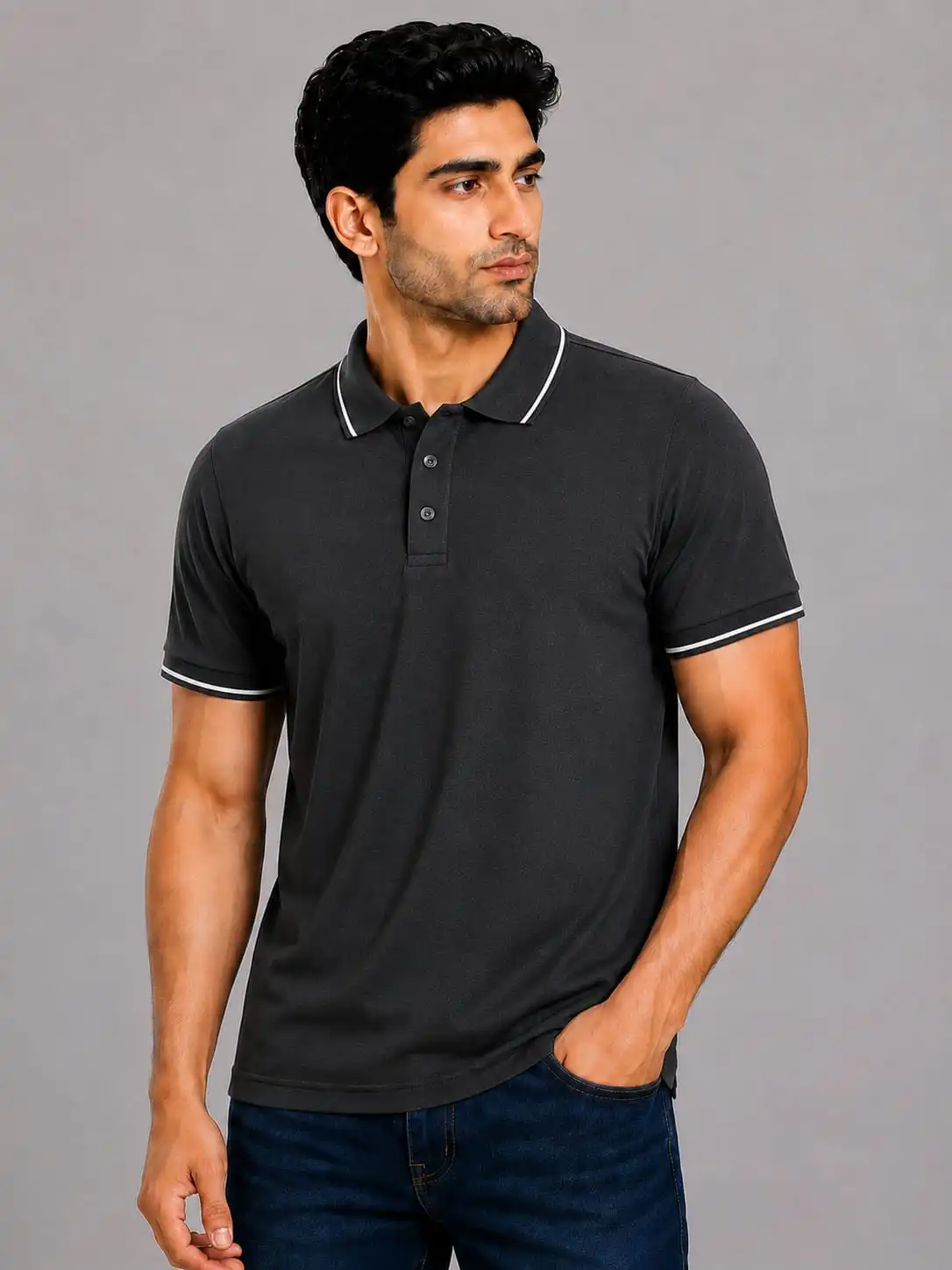 Black Mens Premiun Cotton 270 GSN Half Sleeve Polo T Shirt With White Collar And Sleeve Tipping