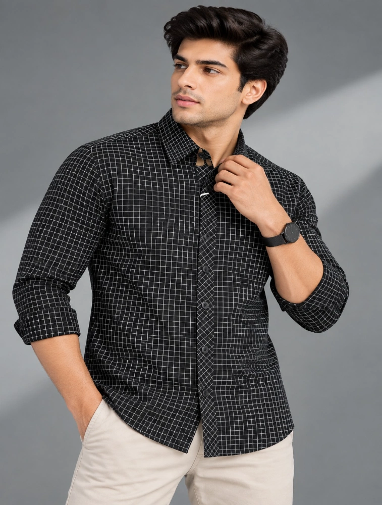 Black Mens Slim Fit Checks Casual Shirt