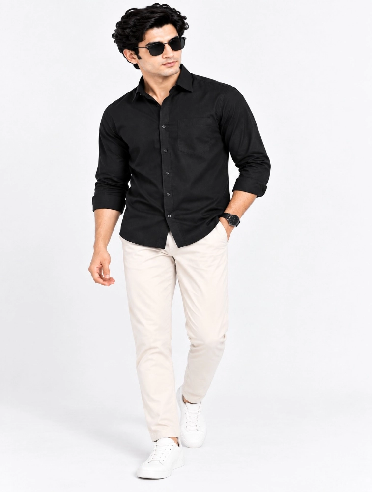 Black Mens Slim Fit Solid Casual Shirt