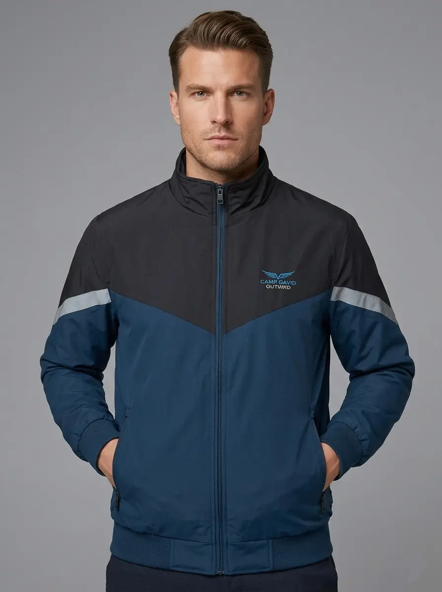 Black Navy Blue Mens Colorblock Bomber Jacket