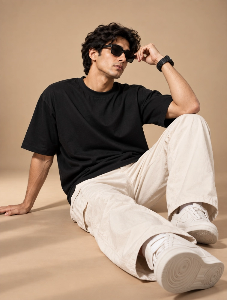 Black Oversize Cotton French Terry Half Sleeve 240 GSM Tshirt