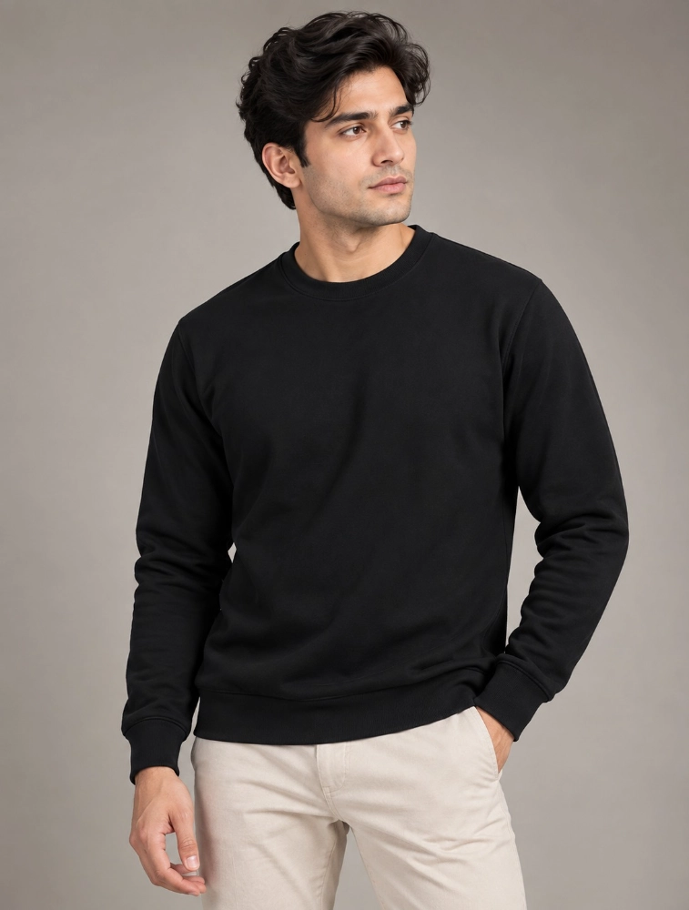Black Polycotton Fleece Crew Neck Full Sleeve 300 GSM Sweatshirt