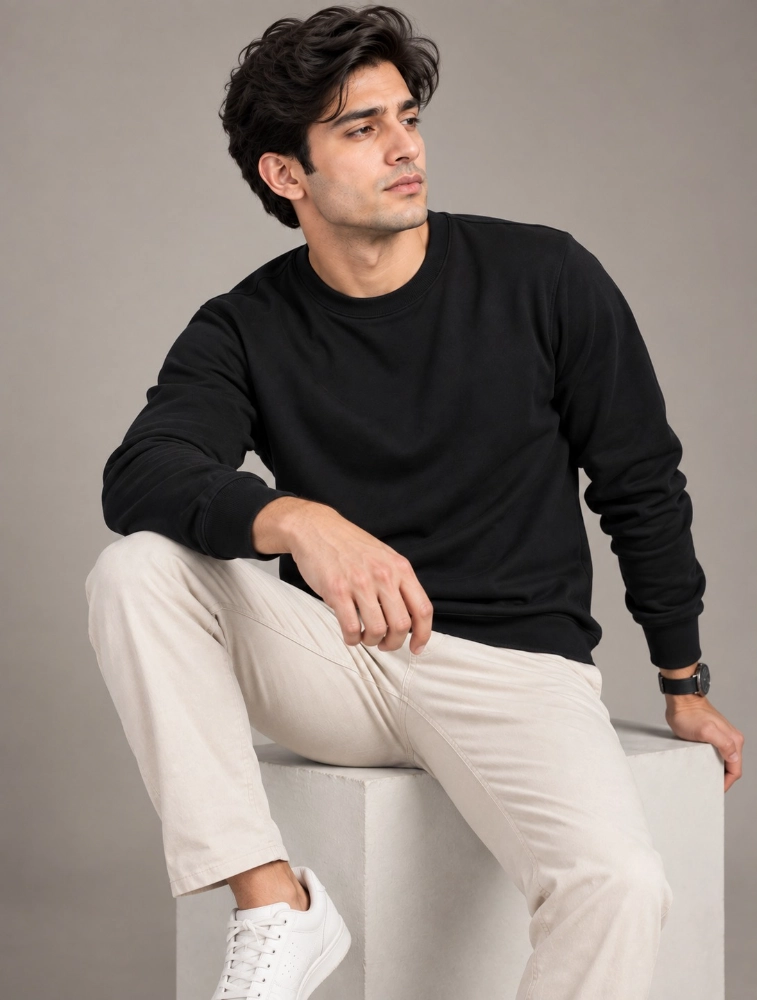 Black Polycotton Fleece Crew Neck Full Sleeve 300 GSM Sweatshirt