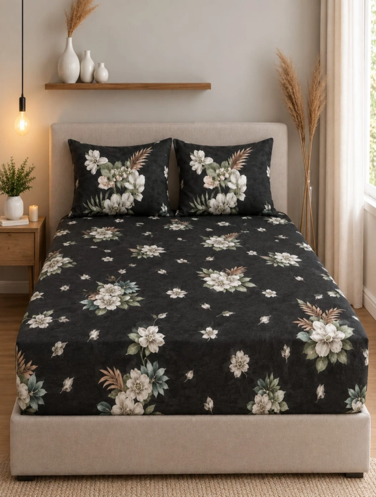 Black Elasticated King Sized Bedsheet and Pillow Covers Set