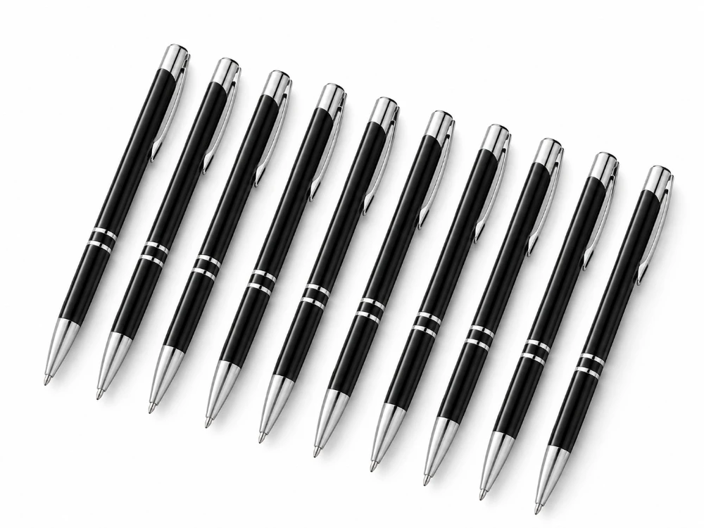 Black Premium Glossy Steel Ball Pen with Silver Clip Pack of 10