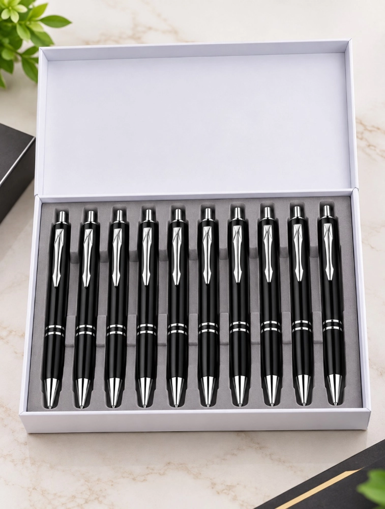 Black Premium Glossy Steel Ball Pen with Silver Clip Pack of 10 — bulk from ₹236