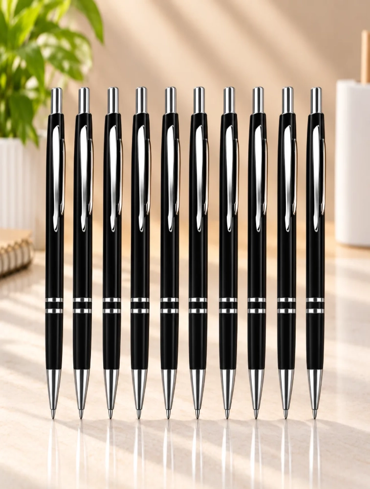 Black Premium Glossy Steel Ball Pen with Silver Clip Pack of 10