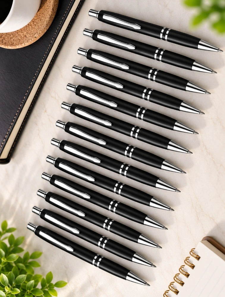 Black Premium Glossy Steel Ball Pen with Silver Clip Pack of 12
