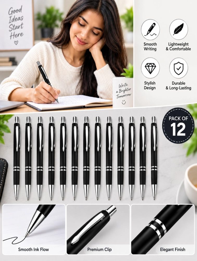 Black Premium Glossy Steel Ball Pen with Silver Clip Pack of 12 — bulk from ₹282