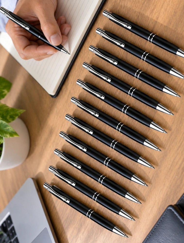 Black Premium Glossy Steel Ball Pen with Silver Clip Pack of 12 — bulk from ₹282