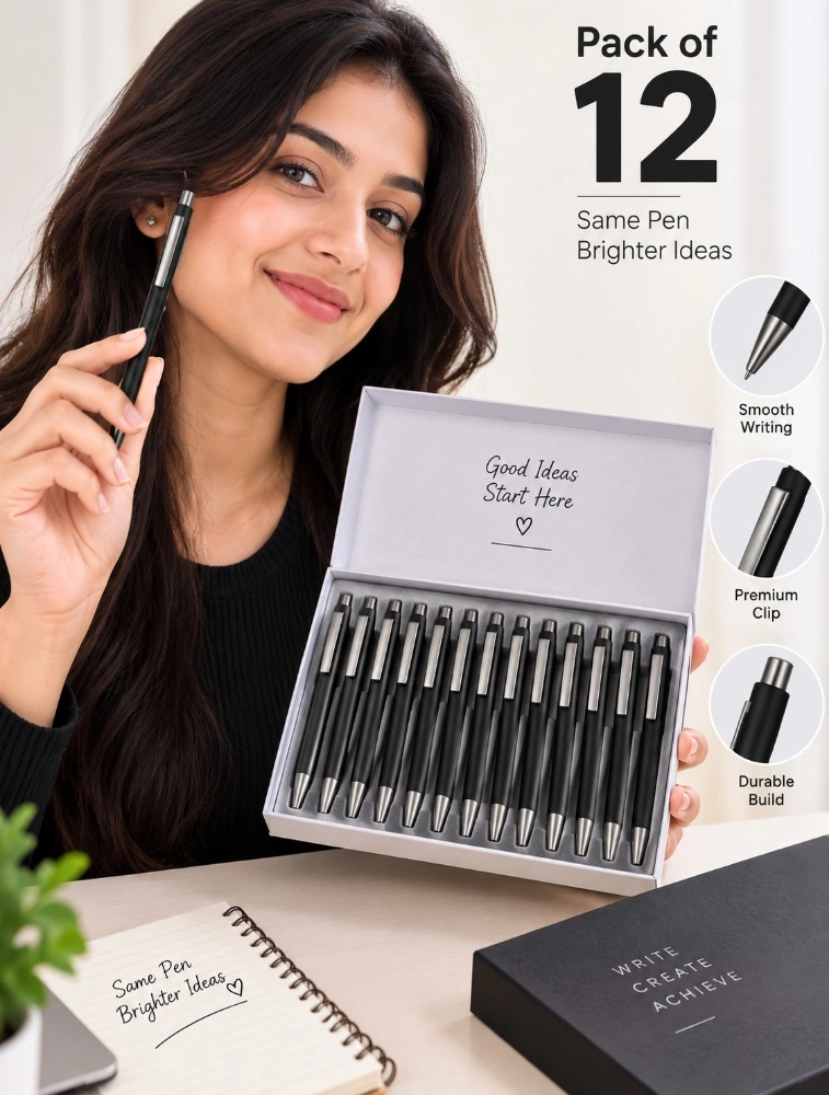 Black Premium Slim Metal Ball Pen with Silver Clip Pack of 12