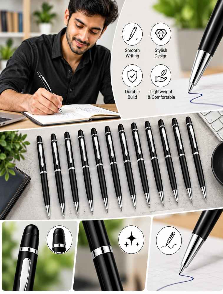 Black Premium Slim Metal Ball Pen with Silver Clip Pack of 12 — bulk from ₹470