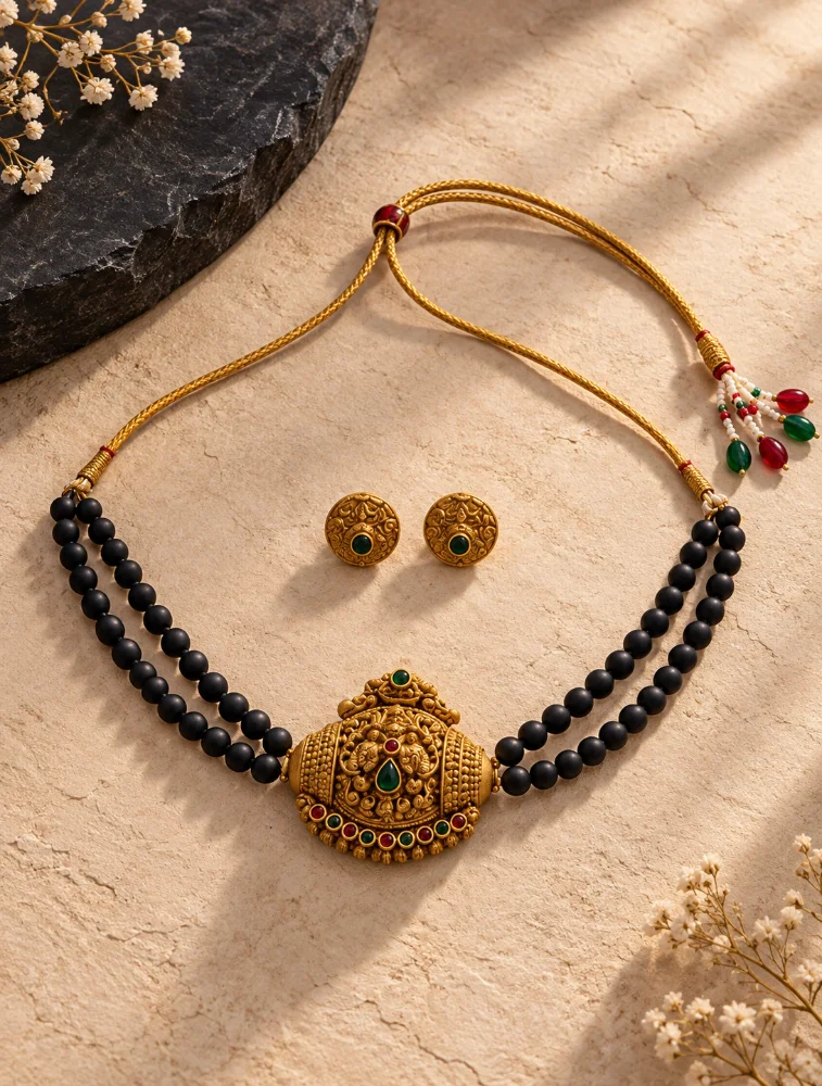 Black Regal Peacock Terracotta Jewellery Set