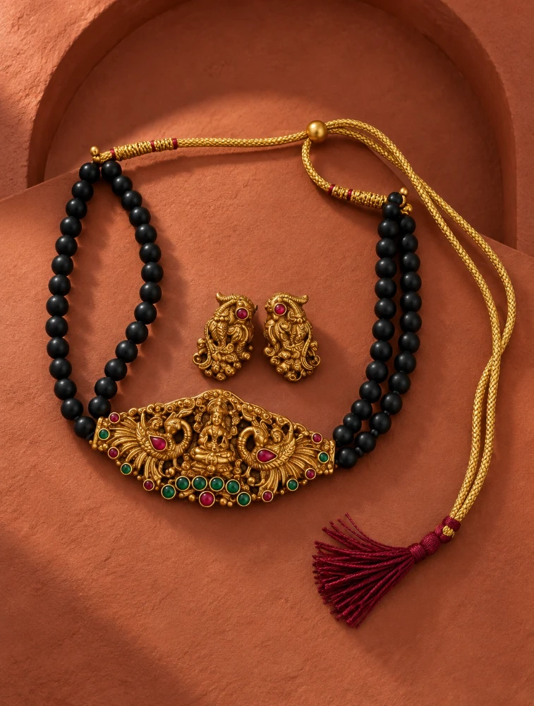 Black Regal Peacock Terracotta Jewellery Set