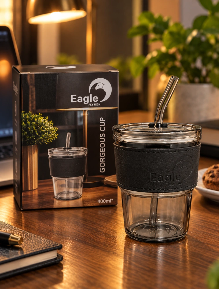 Black Reusable Glass Coffee Cup with Lid and Heat Resistant Black Leather Sleeve