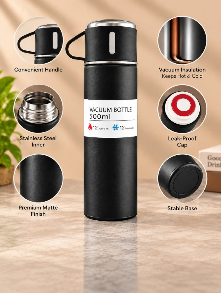 Black Stainless Steel Vacuum Flask Set