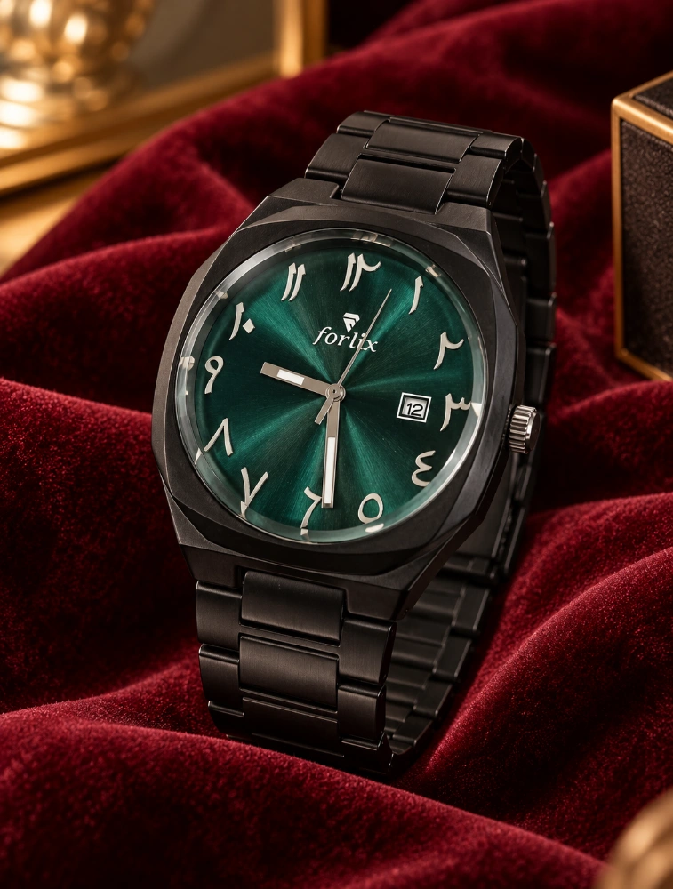 Black With Bottle Green Mens Arabic Numeral Analog Watch