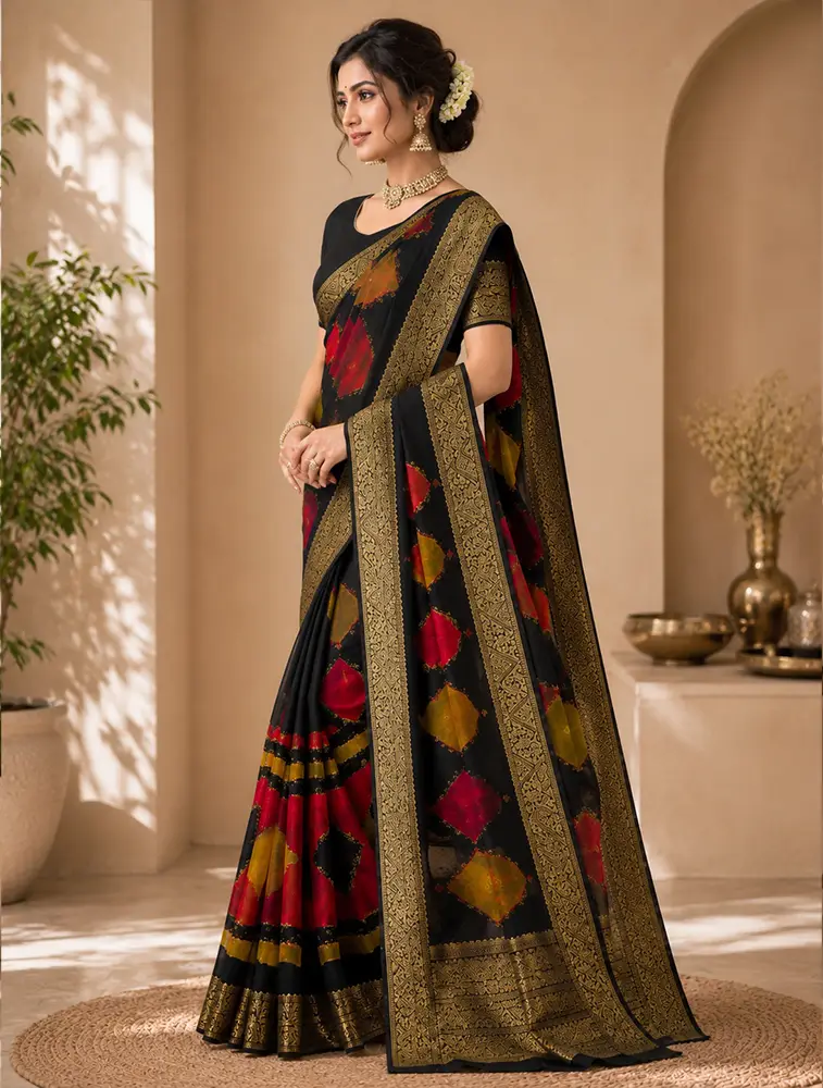 Black With Cerise Pink And Mustard Yellow  Womens Jaihind Spraw Designer Sarees