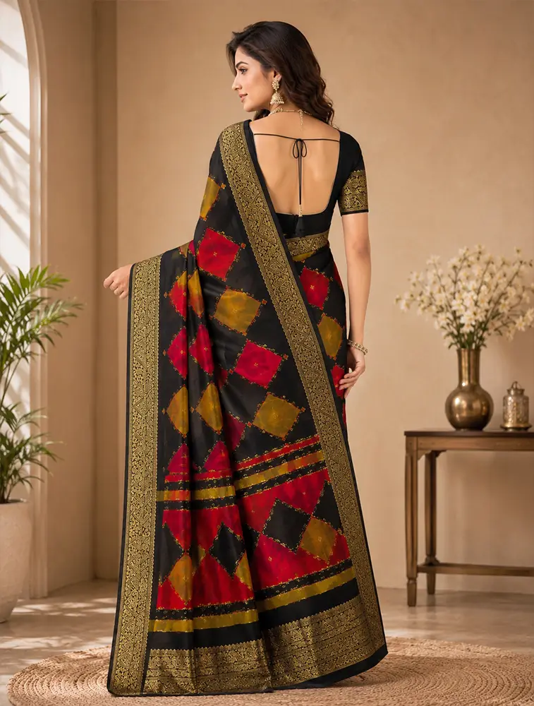 Black With Cerise Pink And Mustard Yellow  Womens Jaihind Spraw Designer Sarees — bulk from ₹2117