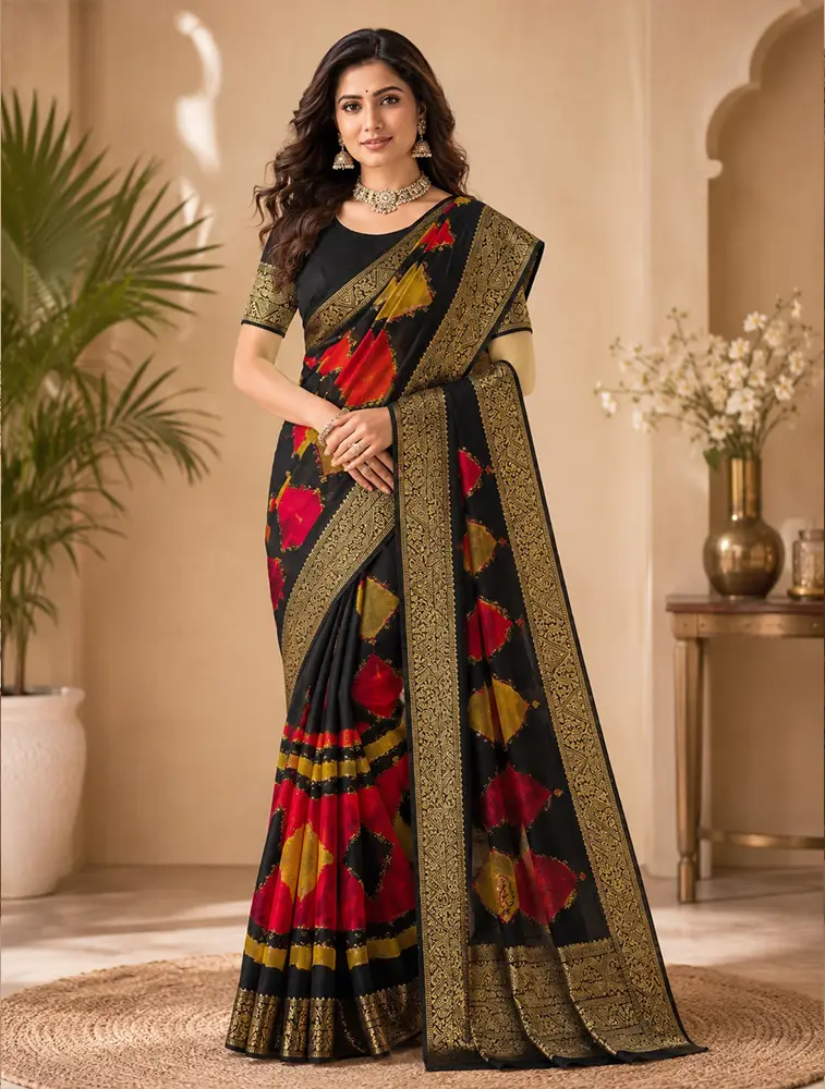 Black With Cerise Pink And Mustard Yellow  Womens Jaihind Spraw Designer Sarees — bulk from ₹2117