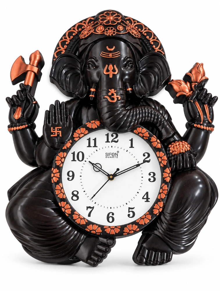 Designer Wall Clock Black With Copper Lord Ganesha