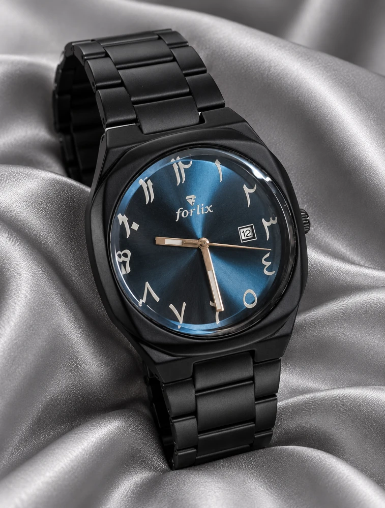 Black With Deep Blue Mens Arabic Numeral Analog Watch 