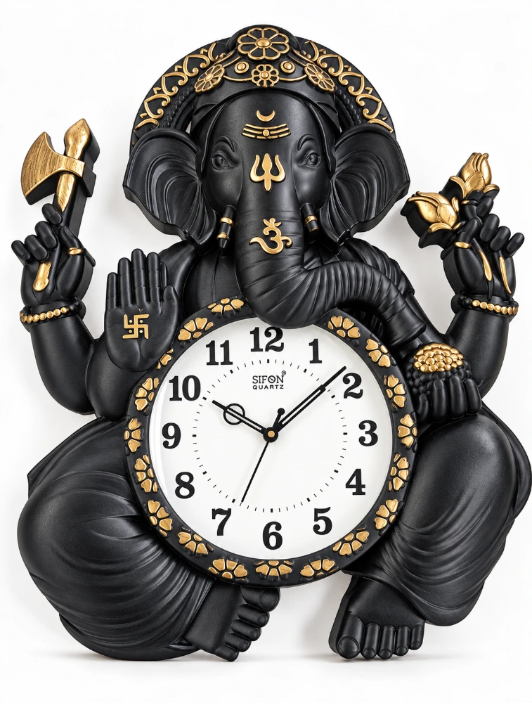 Lord Ganesha Black With Gold Designer Wall Clock